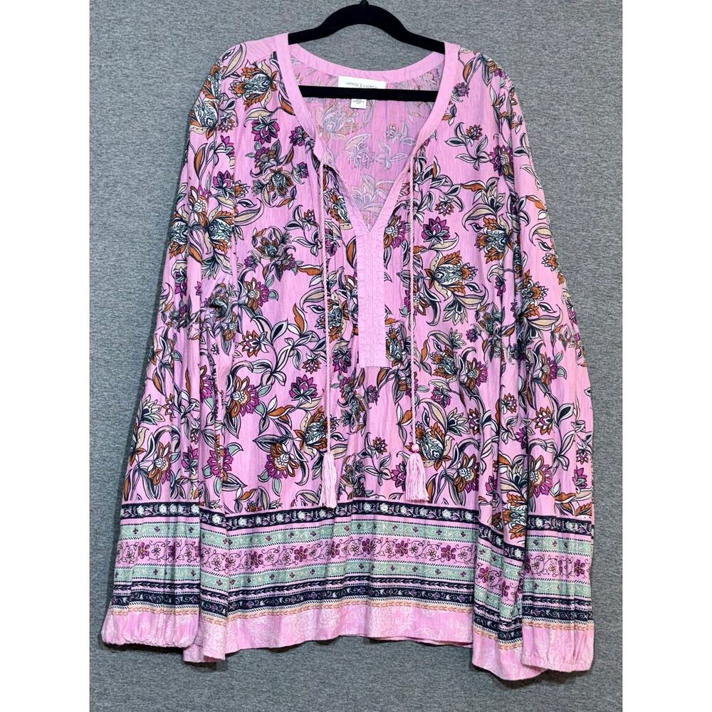 Vintage America | Women's Pink Floral Peasant Tassels Long Sleeve Top | XL